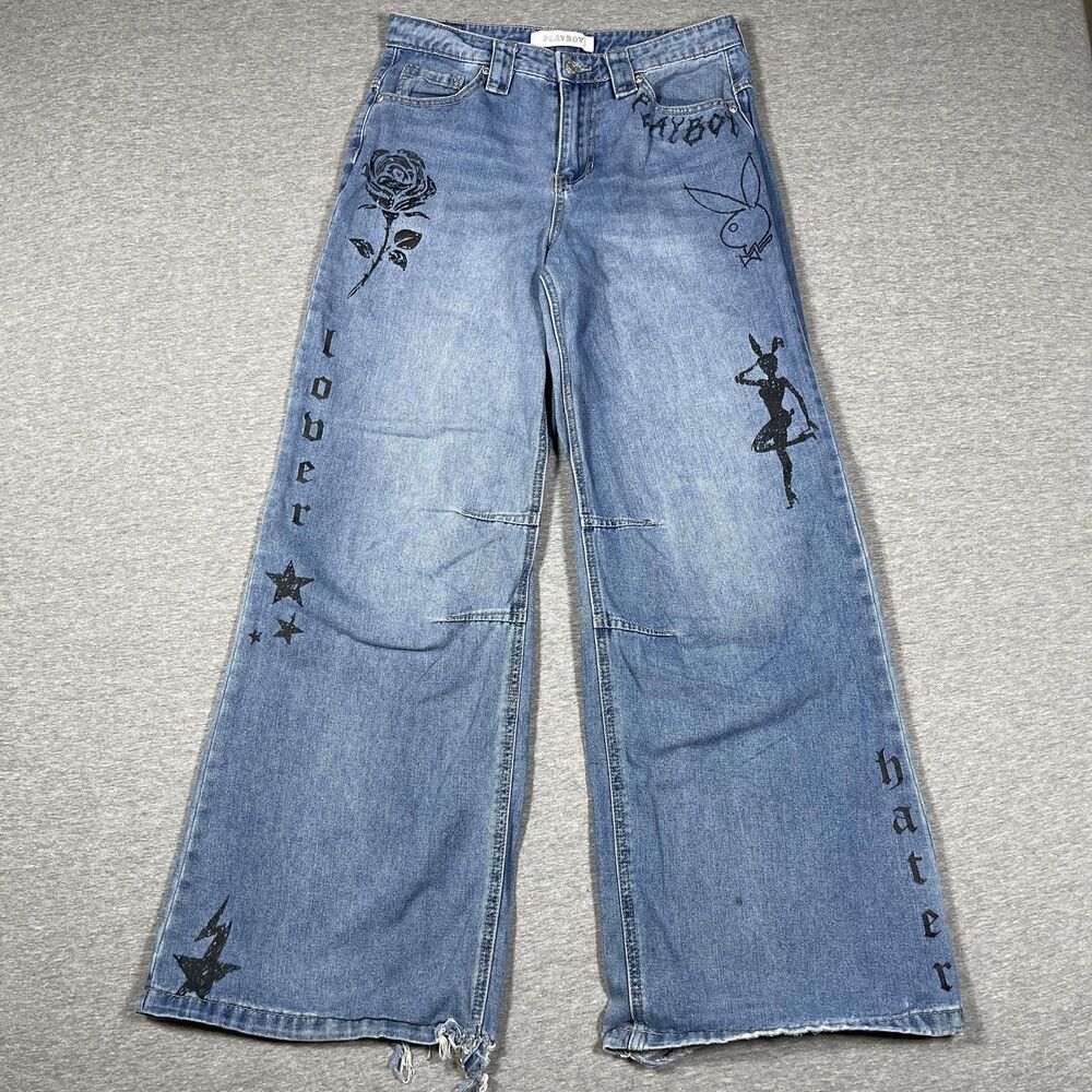 Playboy Wide Leg Jeans Womens 9 Blue Wash High Rise Tattoo Graphic Denim Y2K